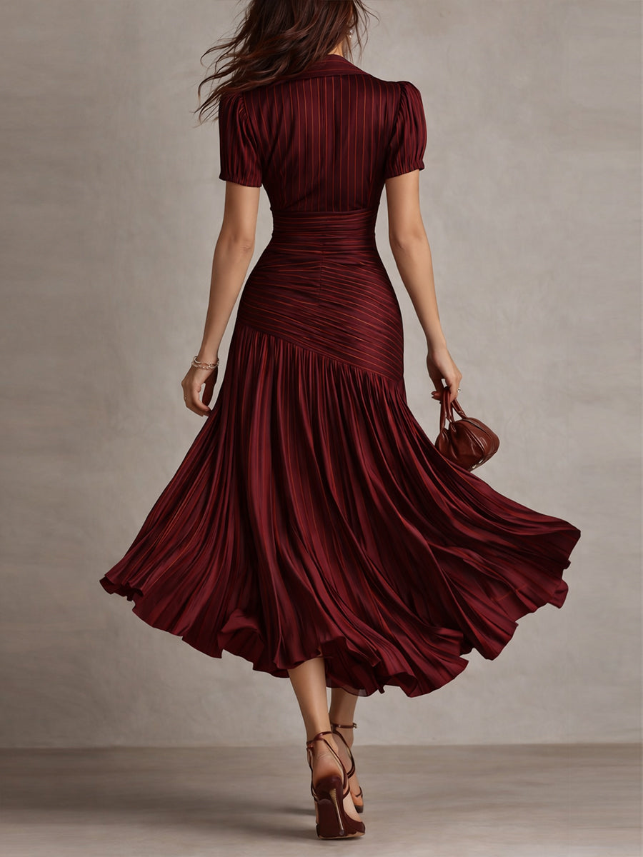 Vestido Midi Adriana Satinado de Rayas Retro Elegante
