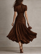Vestido Midi Adriana Satinado de Rayas Retro Elegante