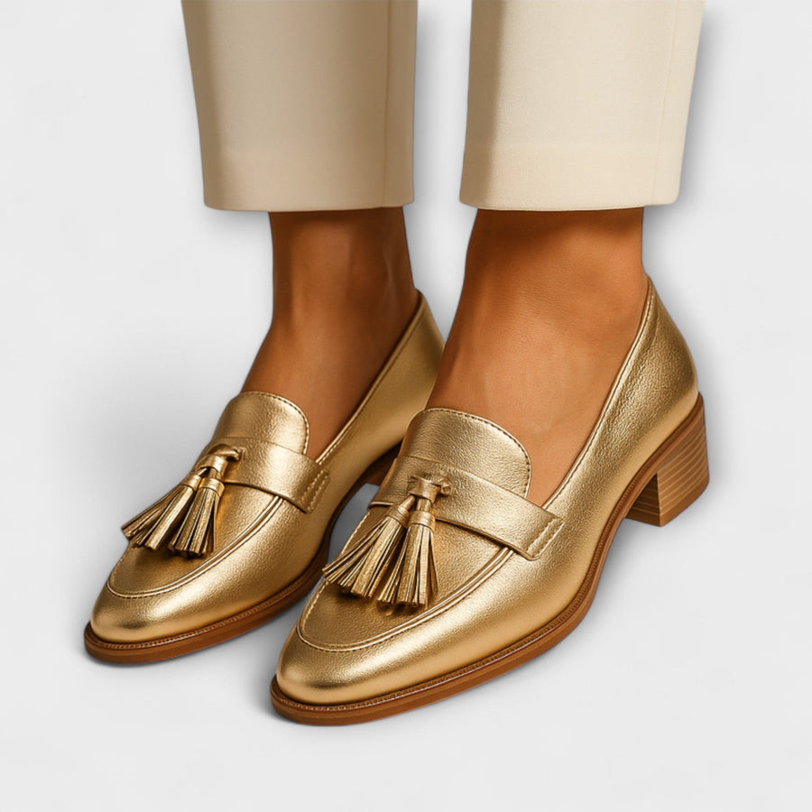 Celeste Mocasines Dorados con Borlas Elegantes