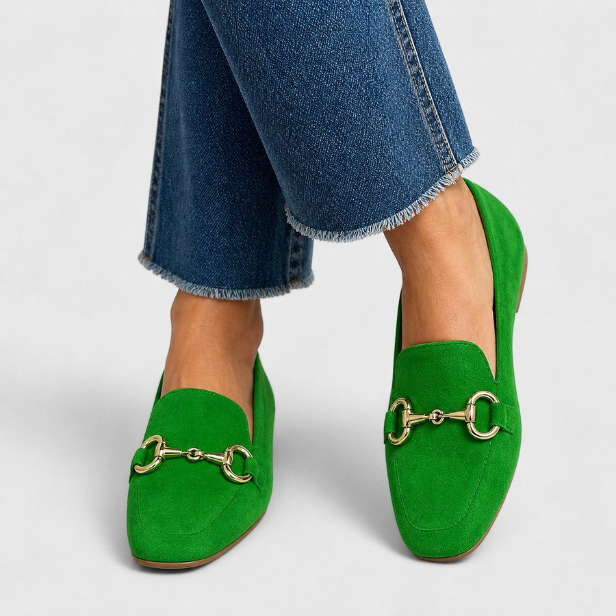 Eufemia | Mocasín Verde con Hebilla Dorada