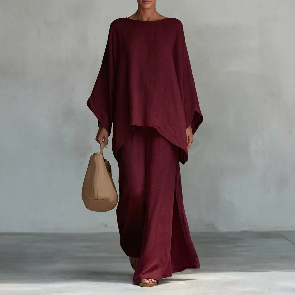 Verónica Conjunto de Dos Piezas con Blusa de Manga Larga y Pantalón de Pernera Ancha