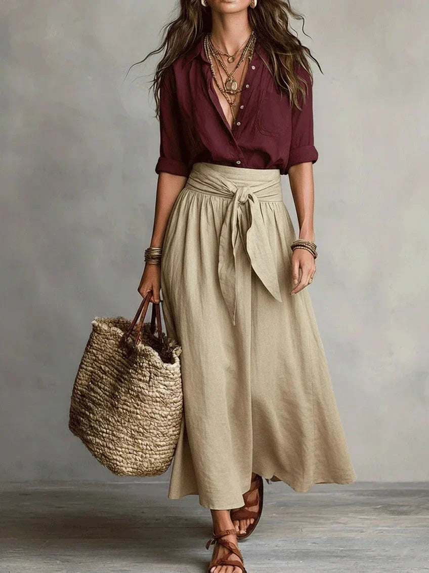 Vida Conjunto Elegante de Dos Piezas con Blusa Negra y Falda Midi