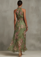 Vestido Largo Serena Verde Floral en Chiffon con Escote Halter