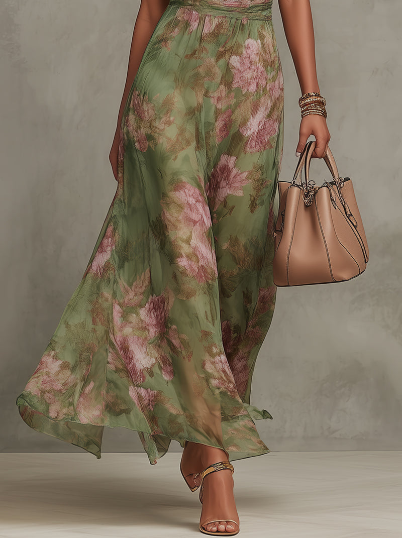 Vestido Largo Serena Verde Floral en Chiffon con Escote Halter