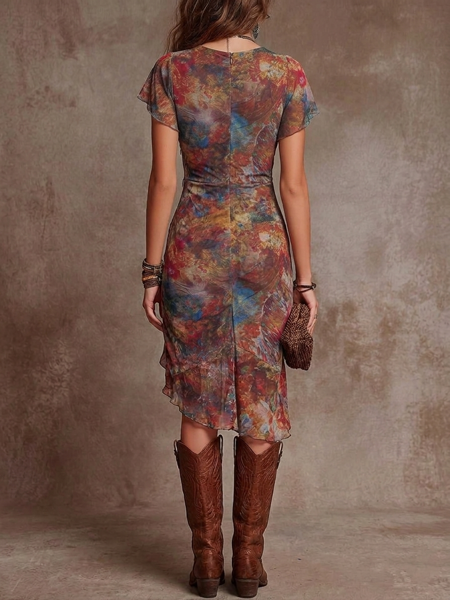 Vestido Midi Martina Plisado con Escote en V y Estampado Bohemio Abstracto