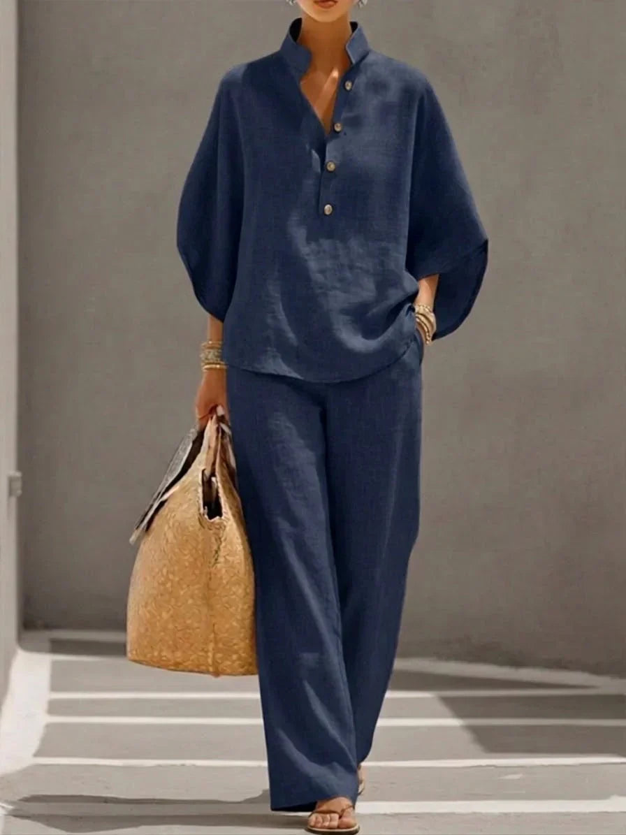 Adelaide| Conjunto de lino con mangas murciélago y pantalón ancho