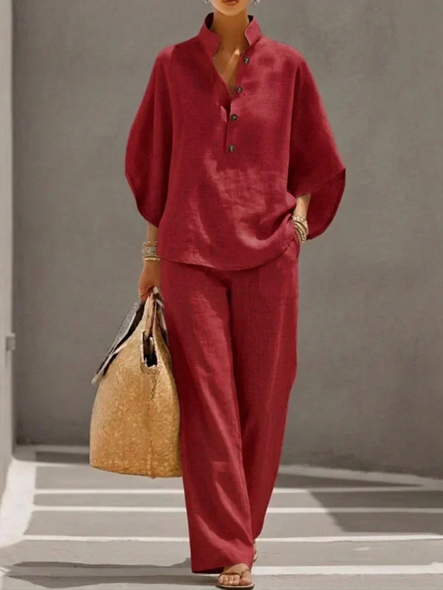Adelaide| Conjunto de lino con mangas murciélago y pantalón ancho