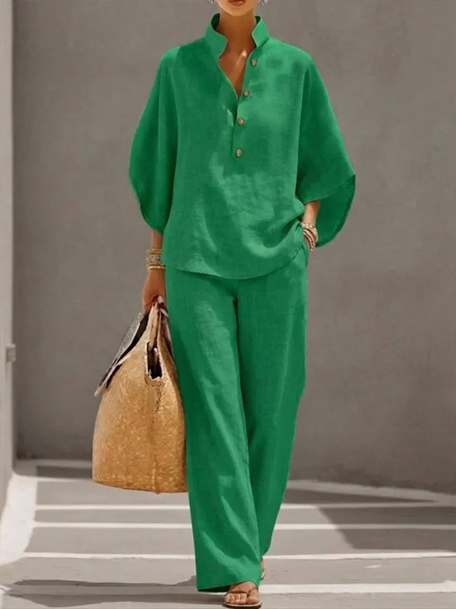 Adelaide| Conjunto de lino con mangas murciélago y pantalón ancho